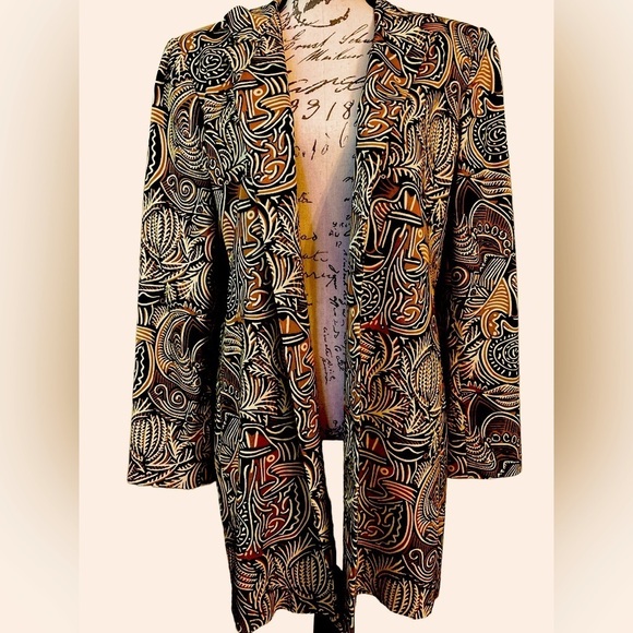 LINDA ALLARD ELLEN TRACY, long blazer, 14, retro 70s 80s era, abstract print. - Picture 3 of 10
